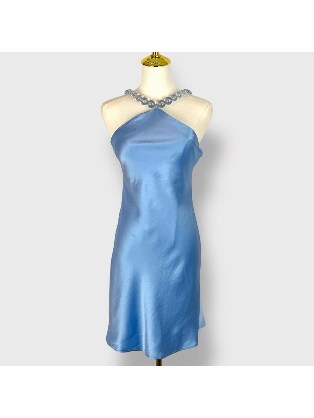 NWT STAUD Light Blue Satin Halter Mini Dress with Beaded Neckline